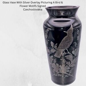 Glass Vase With Silver Overlay Picturing A Bird & Flower Motifs Signed